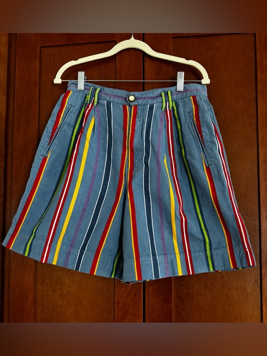 Liz Claiborne Pants - Vintage Lizwear High Waisted Rainbow Striped Pleated Denim Shorts size 12